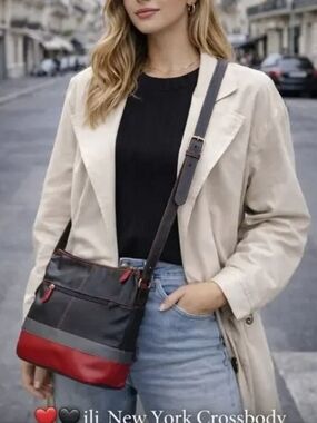 ili New York Genuine Leather Crossbody Bag Black Red Colorblock Zip Purse. EUC